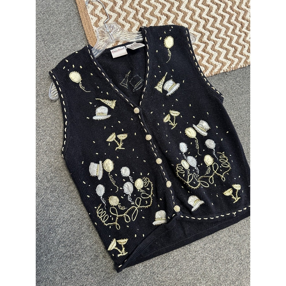 Bobbie Brooks Womens Sz M Vintage New Years‎ Eve Vest Black Metallic Embroidered